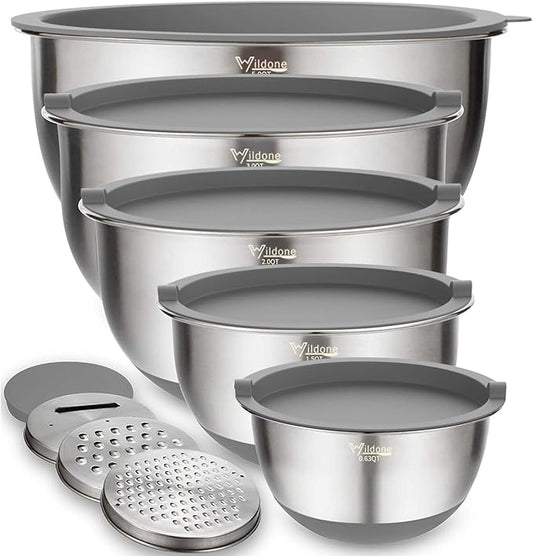 Wildone Mixing Bowls with Airtight Lids Set, 5PCS Stainless Steel Nesting Bowls Set for Kitchen, with Grater Attachments & Non-Slip Bottoms, Size 5, 3, 2, 1.5, 0.63 QT, Great for Baking & Serving