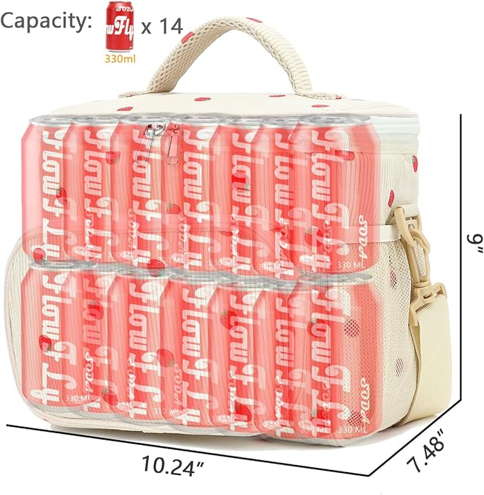 FlowFly Insulated Reusable Lunch Bag Adult Large Lunch Box for Women and Men with Adjustable Shoulder Strap,Front Zipper Pocket and Dual Large Mesh Side Pockets, Corduroy Strawberries Beige