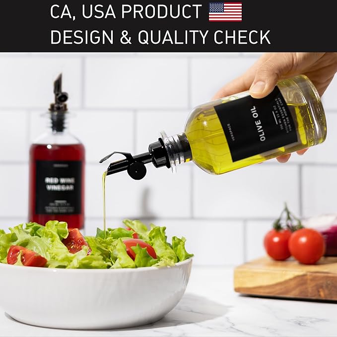 Clear Glass Olive Oil Dispenser Bottles For Kitchen With Silicone Tray & 40 Labels, Soy Sauce Dispenser, Coffee Syrup Dispenser, Olive Oil Bottles Set Of 2, Black