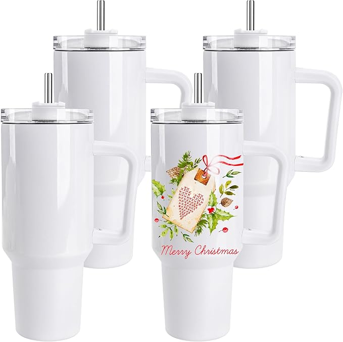 D·S 4 Pack 40 oz Sublimation Tumbler with Handle Insulated Large Sublimation Tumblers Bulk with Lids and Straws Stainless Steel Coffee Mugs for DIY Craft Heat Press Print