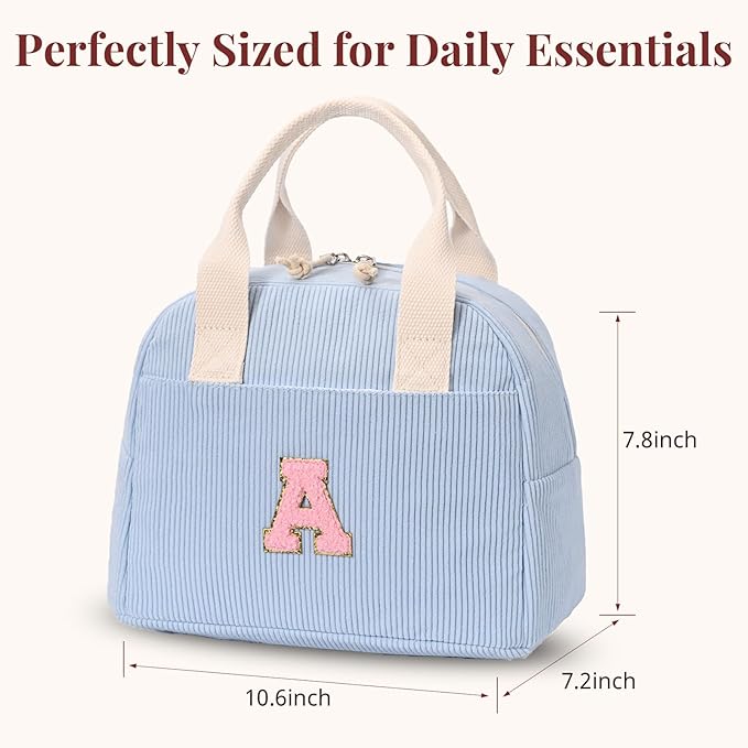 Insulated Cloud Blue Lunch Bag for Women, Stylish Corduroy Tote with Aluminum Lining, Large Capacity Reusable Cooler for Work, Travel, or Beach (Cloud Blue, A)