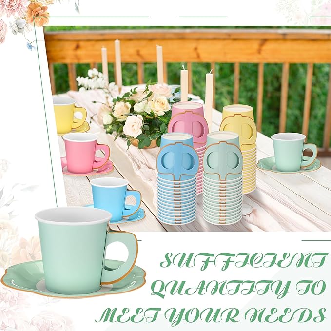 Umigy 60 Sets Pastel Tea Party Decorations 6.5 oz Paper Teacups & Saucer Set for Girls Women Afternoon Tea Parties Mothers Day Bridal Shower Wedding Birthday Party Decorations(Pastel)