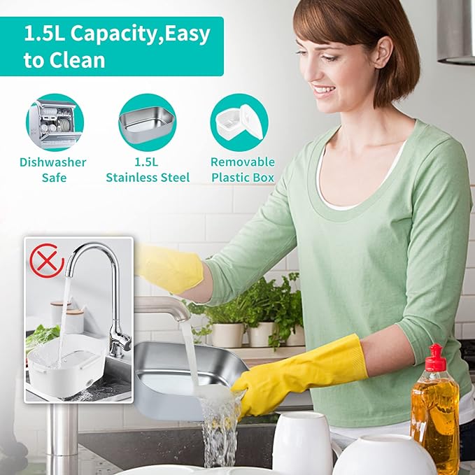 Electric Lunch Box, Food Warmer Heater 12V 24V 110V, 80W Faster Heated Lunch Box for Car/Truck/Home Portable Heating Boxes with 1.5L 304 SS Container Fork & Spoon, White+Gray