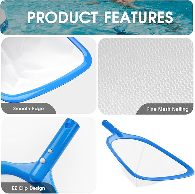 TidyMister 3PCS Cleaning Kit - 12.5'' Brush With Round End & 11'' Skimmer Net Fine Mesh & 5.7 Feet Thick Aluminum Pole 5-Segment, for Above Ground & Inground Pools Ponds