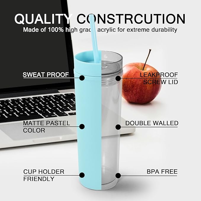 sweet grain Multicolor Skinny Tumblers with Lids and Straws(6 Pack) - 16oz Matte Pastel Colored Skinny Acrylic Tumblers, Double Wall Plastic Tall Skinny Tumblers Bulk for Cold Hot Drinks