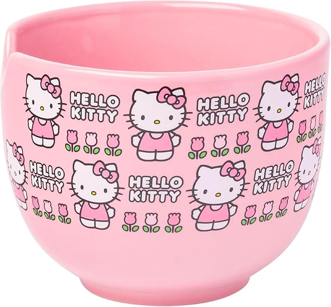 Silver Buffalo Sanrio Hello Kitty Flowers Pattern Ceramic Ramen Noodle Rice Bowl with Chopsticks, Microwave Safe, 20 Ounces