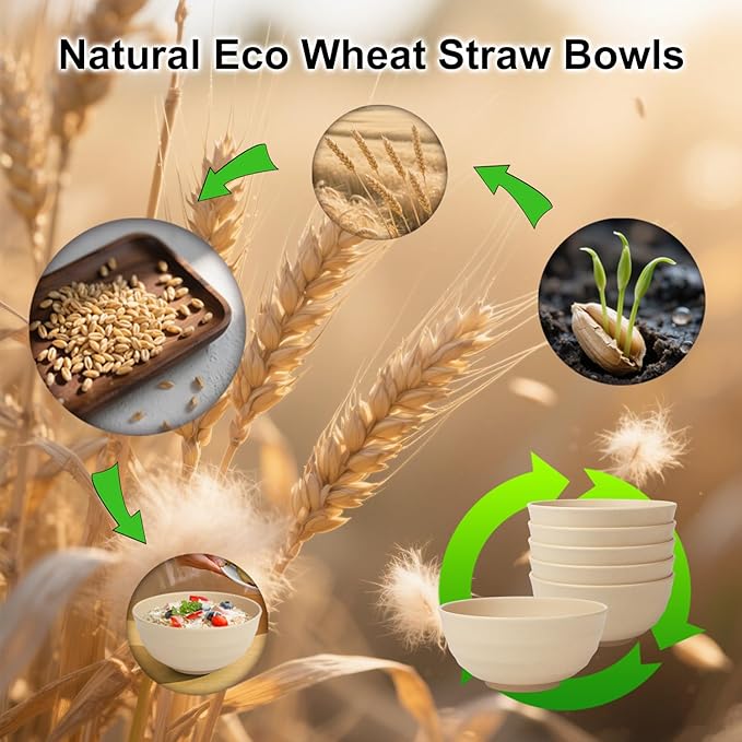 Wrova 6-piece Unbreakable Cereal Bowls Set, 60oz Wheat Straw Bowls Alternative Plastic Bowls Reusable, Microwave & Dishwasher Safe Salad Bowls for Kitchen, Large Bowl for Soup,Pho,Prep- Beige