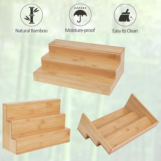 2 Pack Spice Rack Riser for Cabinet, Bamboo Spice Organizer Display Shelf for Kitchen Countertop