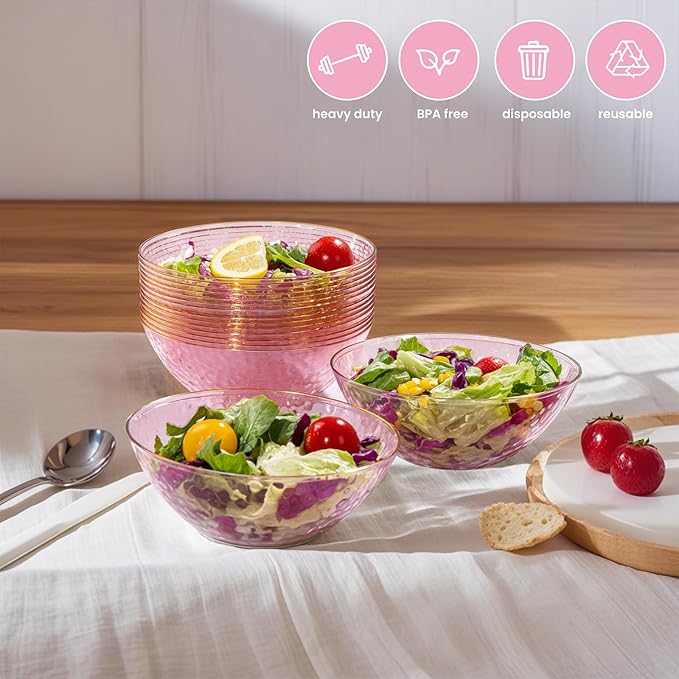 I00000 20 Pack 12 Ounce Pink Plastic Bowls Hammered Gold Rimmed Crystal Like, Heavy duty Disposable Bowl Set,Elegant Soup/Salad/Dessert/Ice Cream Small Bowls for Party Weddings