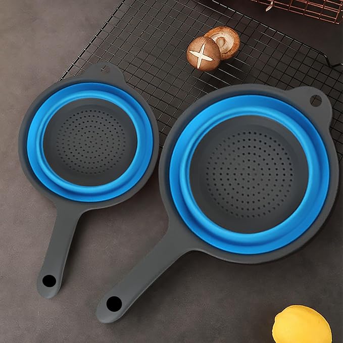 Kitchen Collapsible Colanders Set,Collapsible Colanders with Handles,Dishwasher Safe,Space-Saver Folding Strainer Colander for Draining Pasta Vegetable Fruits (Blue)