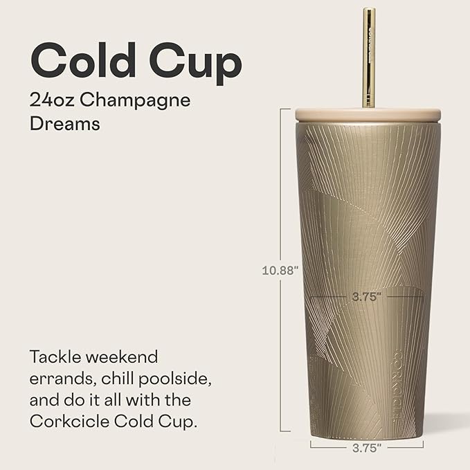 Corkcicle Cold Cup Insulated Tumbler with Straw - Keeps Drinks Cold for 12 Hours - Triple-Insulated Stainless Steel - Leak-Resistant Lid - Summer Drinkware Gift - 24 oz - Champagne Dreams