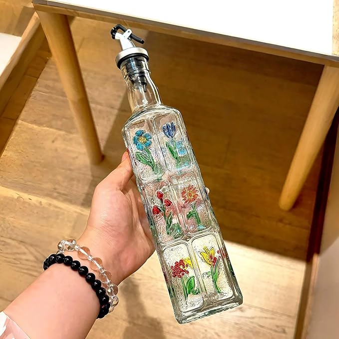 Glass Olive Oil Bottle Dispenser with Stainless Steel Nozzle Plug, 500ml Flowers Bouquet Embossed Square Oil and Vinegar Cruet, Decorative Oil Dispensers Carafe Decanter for Kitchen, 16.9 oz(Colorful)