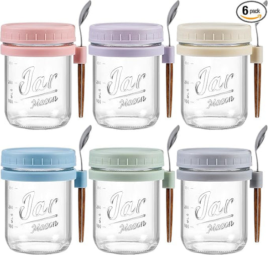 6 Pack Overnight Oats Containers with Lids and Spoons, 16 oz Glass Mason Overnight Oats Jars, Large Capacity Airtight Jars for Milk, Cereal, Fruit