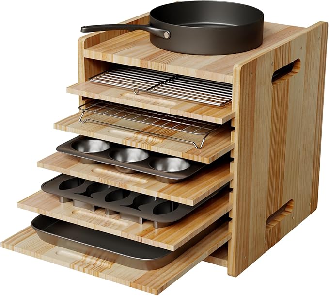 7 Tiers Cookie Sheet Organizer for Cabinet, Wooden Tray Dividers for Kitchen Cabinets Baking Sheet Pan Organizer, for Heavy Pans, Cutting Board, Bakeware, Kitchen Cupboard Storage, Solid Wood