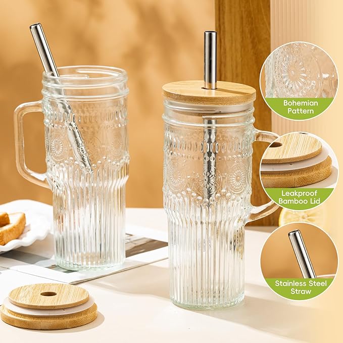 Glass Cups with Bamboo Lids and Straws, 24oz Glass Tumbler with Handle, Stainless Steel Straws & Cleaning Brushes – Boho Pattern Iced Coffee Cup for Smoothies, Tea, and Gifts, Set of 2