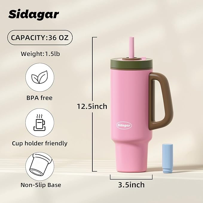 Tumbler with Handle,36 oz Ceramic Lined Travel Mug Water Bottle with Straw,Vacuum Insulated Stainless Steel Cup with Lid,Fits Cup Holder, Leak Resistant Press-in Lid,Pink
