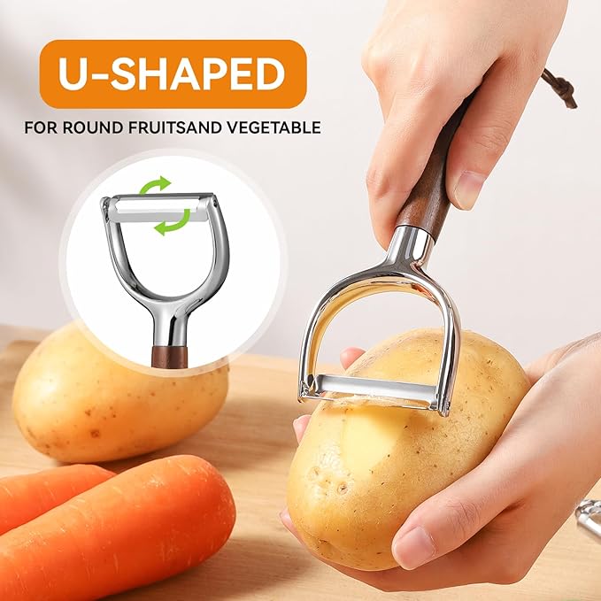 2-Piece Swivel Vegetable Fruit potato peelers Set - Straight + U-Shaped Blades with Solid Walnut Non-Slip Handles, Easy Peeling (Apples, Pears, Potatoes, Carrots, Cucumbers), Kitchen Tool Kit