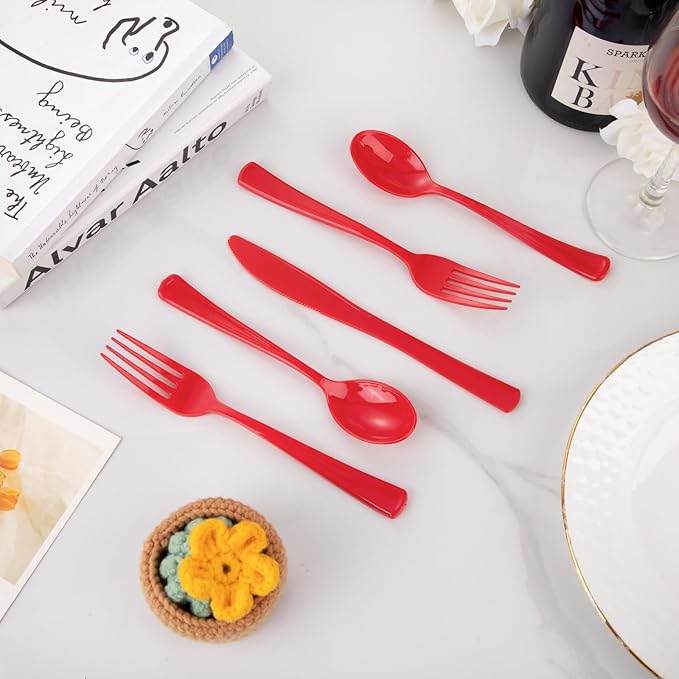WDF 160 Piece Red Plastic Silverware - Heavy Duty Christmas Silverware of 80 Forks, 40 Spoons, 40 Knives - Red Plastic Utensils Perfect for Party Daily Baby Shower Wedding Spring