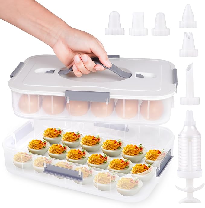 2-Layer Deviled Egg Containers with Lid, 36 Slots Deviled Egg Tray Carrier with Handle and Deviled Egg Injector Piping Tool, Portable Egg Storage Carrier Tray Platter for Party Picnic Travel (white)