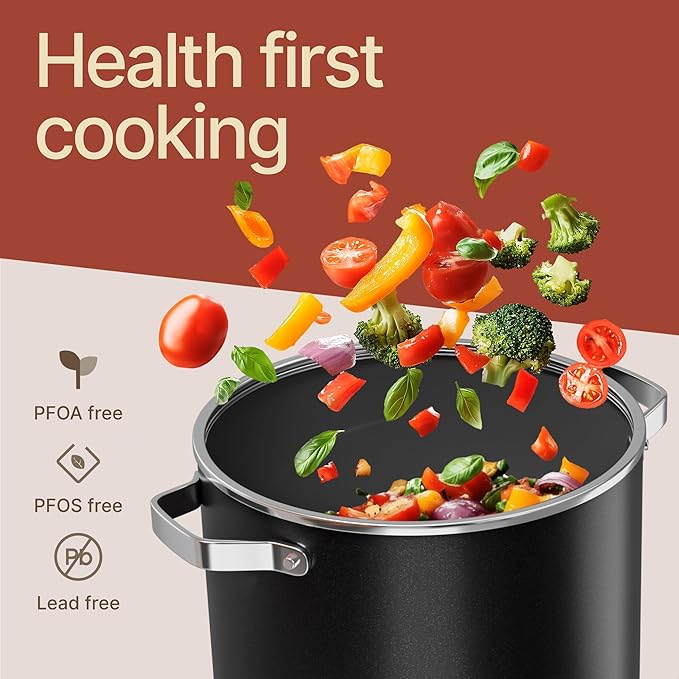 Bakken 5 Quart Ceramic Coated Stock Pot with Lid, Easy to Clean Nonstick Pot, Tempered Glass Lid, Riveted Stainless Steel Handles, Oven Safe Up To 500°F, PTFE & PFAS Free, All Stove Compatible, Black