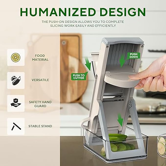 Eletronova Safe Mandoline Slicer for Kitchen, Vegetable Slicer for Kitchen，Kitchen Food Slicer, French Fry Cutter Julienne Dicer for Vegetables Grey (White & Green) (Grey)