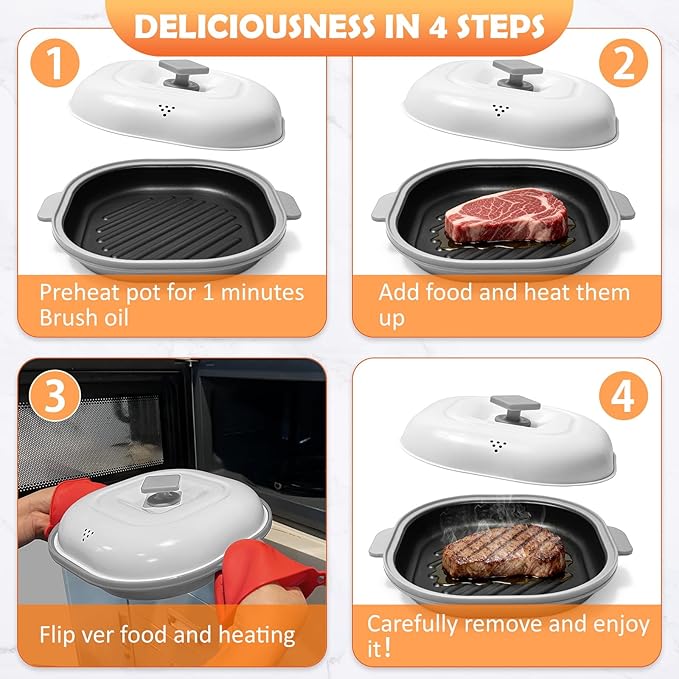 Microwave Grill Pan with Cover, Microwave Cookware Multi-Use for Grilling, Frying, Browning and Crisping, Microwave Bacon Cooker Tray, Microwave Griller with Cover Safe and Easy to Clean