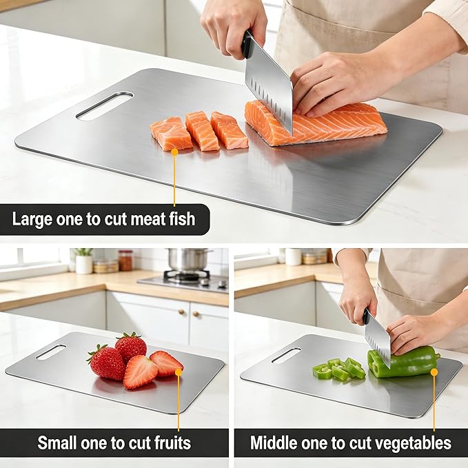 3 Pack Stainless Steel Cutting Board Cutting Boards for Kitchen13x9" 11.8x7.87" 9.4x5.9" Upgrade Double Sided Board, Thick Cutting Board for Home Kitchen Cooking