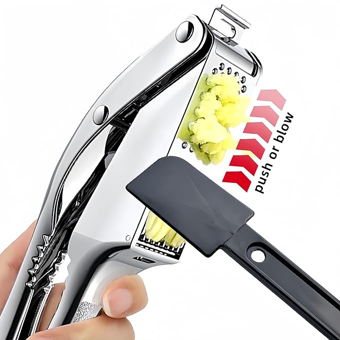WUJIE Stainless Steel Garlic Press and Slicer - 2-in-1 Crusher and Mincer, Professional Kitchen Tool with Cleaning Brush for Garlic and Ginger