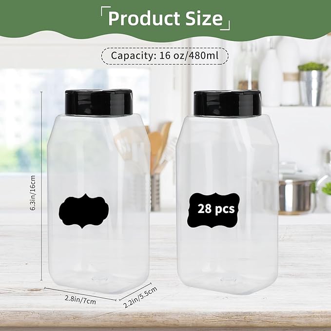PineHaven 28 Pcs 16 oz Plastic Spice Jars with Black Cap,Square Plastic Bottle Containers with Lid and Stickers,Empty Seasoning Bottles Large Clear Spice Shaker for Storage Spices, Coffee, Tea, Herbs