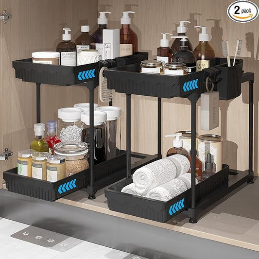 2 Pack Double Sliding Under Sink Organizers and Storage, 2 Tier Under Bathroom Cabinet Shelf Organizer with Hooks Hanging Cup, Home Organization, Black