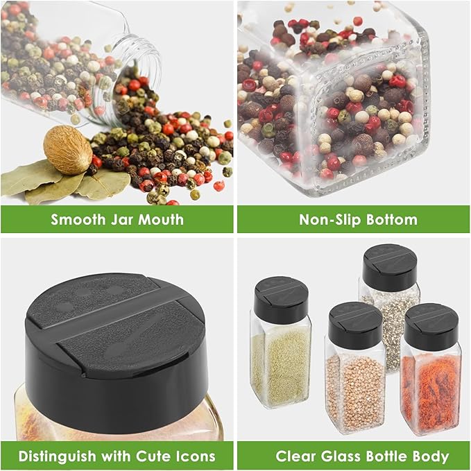 Saiveina 12 Pack Glass Spice Jars with Labels, 4oz Spices Containers Spice Jars with Black Shaker Lids, Empty Containers for Spice, Silicone Funnel and Pen Included
