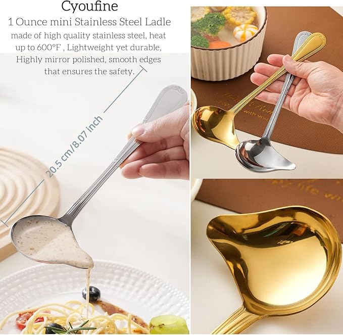 2-Pack Gravy Spoon Small Ladle for Sauce/Gravy / .1 Ounce mini Stainless Steel Ladle with Pouring Spout Gravy Drizzle Spoon. (Gold & silver)