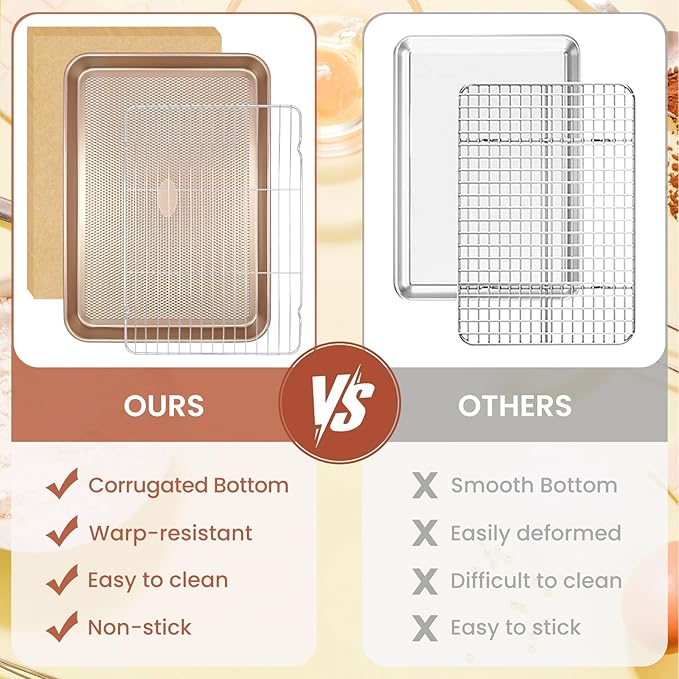 Baking Set, 2 Piece 17'' Baking Sheet Set & 2 Piece Rack & 50 Piece Parchment Paper Combo, Non-Stick Cookie Sheet with Food Cooling Rack, Heavy Duty & Warp Resistant, No Rust Large Baking Pan