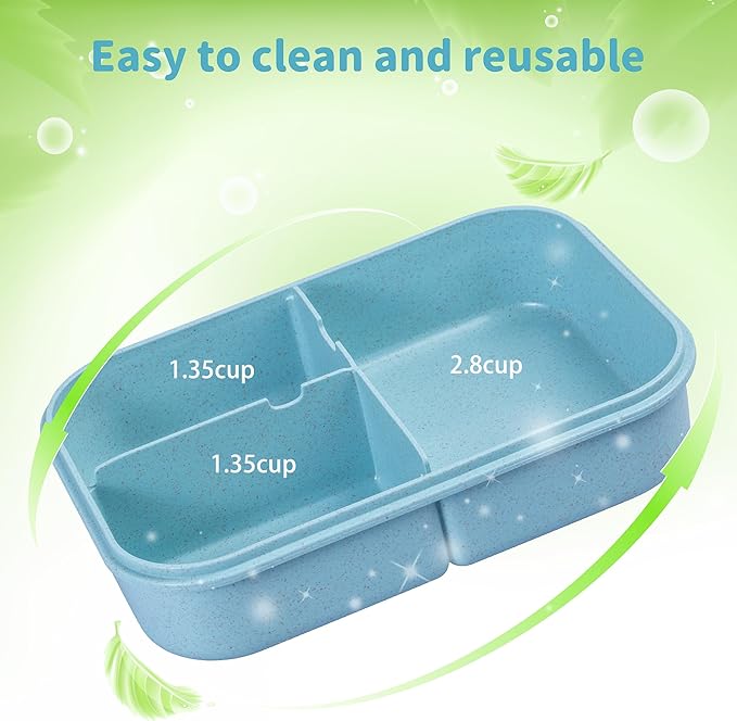 Wheat Straw Lunch Box, Leakproof 3-Compartment Bento Box for Kids & Adults, BPA-Free, Microwave & Dishwasher Safe, 5.5 Cup/1400 ml, Blue