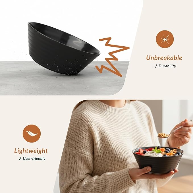 Homienly 6 PCS Large Bowl Set, Lightweight and Unbreakable Wheat Straw Bowls for Salad,Soup,Cereal, Microwave Safe 50 OZ Big Bowls Set, Stackable Kitchen Dining Essentials - Black
