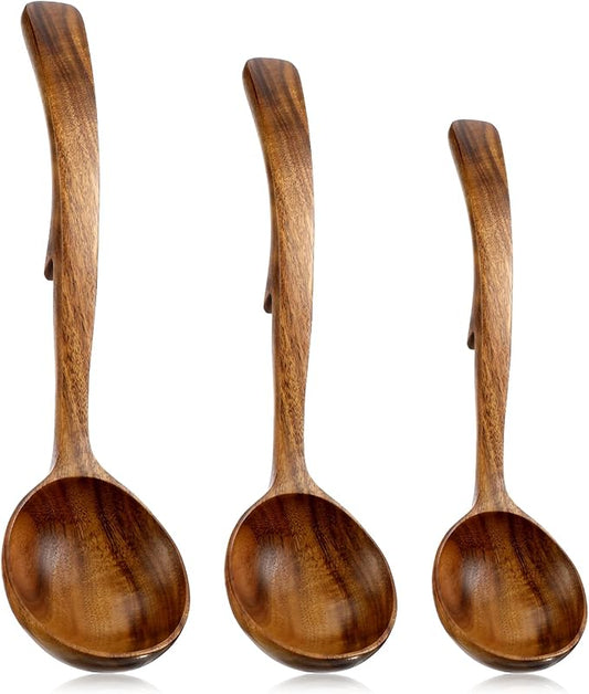 3 Pack Wooden Ladle for Soup, 3 Size Non-Stick Wood Spoons Scoop with Back Hooks Heat Resistant Comfortable Grip Kitchen Utensils Set for Pot Bowl Cooking Serving Stirring