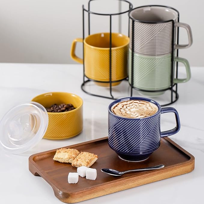 Stackable Coffee Mugs with Rack: 13 oz Stacking Ceramic Cups with Stand for Home & Office- Porcelain Stacked Tea Mug Set of 4