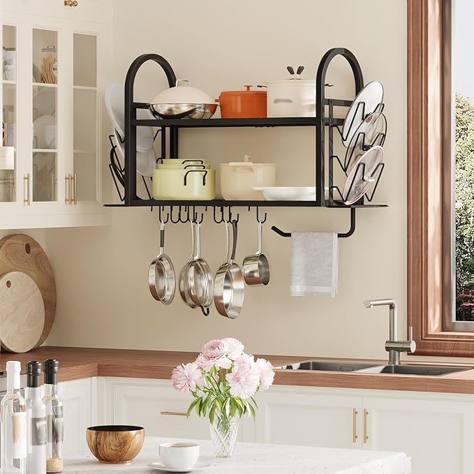 HOOBRO 30 Inch Pot Rack Wall Mounted, 2 Tier Pots and Pans Organizer with 6 Lid Holders and 10 Hooks, Wall-Mounted Pan Hanger with Towel Bar, for Kitchen Cookware Utensils Storage, Black BB100TL01