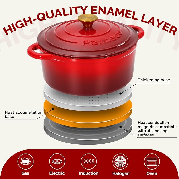 Parmedu 5.5QT Enameled Cast Iron Dutch Oven with Lid, Red Heavy Duty Pot for Sourdough, Bread Baking, Soup, Stews & Roasting with Recipe, Heat-Resistant Grips, Potholder, Cleaning Sponge