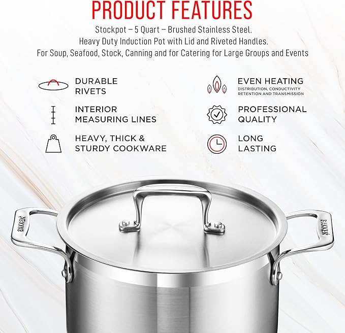 Stainless Steel Stockpot with Lid 5 Quart, Durable 18/8 Stainless Steel, Impact-Bonded Base for Even Heating, Riveted Handles, Oven & All Stove Compatible, Safe Up To 500°F (260°C)