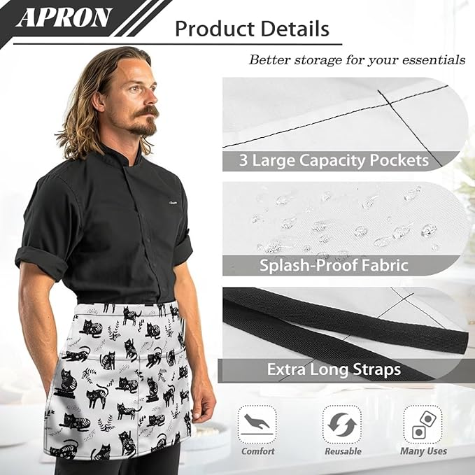 Server Waitress Waist Apron with 3 Pockets, Short Aprons for Servers,Waiter Apron For Waiter Accessories