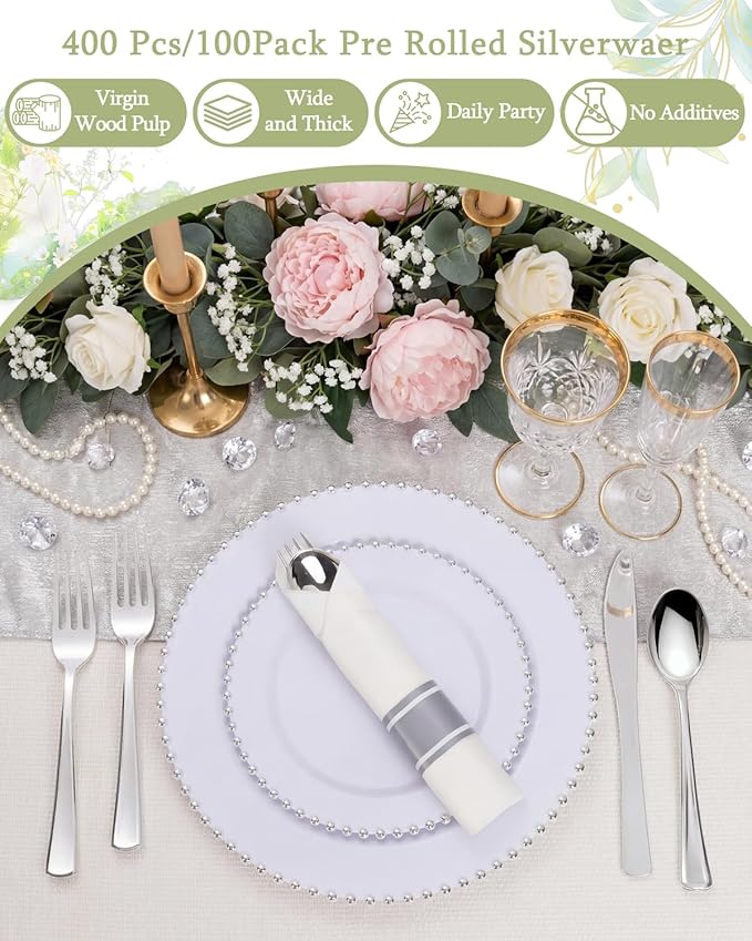 Supernal 240 Silver Plastic Silverware Set - 60 Sets Pre Rolled Napkins with Cutlery - Mirror Polished Real Look Disposable Silver Utensils- Elegant Heavy Duty Flatware for Weddings & Catering
