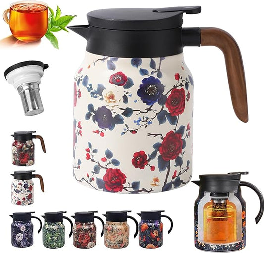 Insulated Tea Pots,Vintage Floral Pattern Tea Pot-Built-in Infuser,Colorful Vintage Floral Pattern Teas,Stainless Steel Teapot 1000mL with Lid for Hot Drinks,White(Wooden Handle,35OZ)
