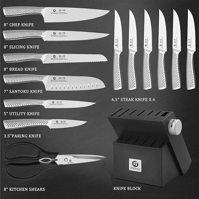 imarku Knife Block Set, 14Pcs High Carbon Stainless Steel Knife Set with Block, Kitchen Knife Set Black, Dishwasher Safe, Build-in Sharpener