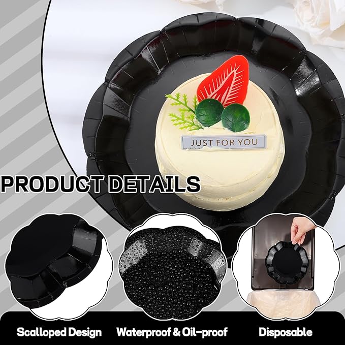 30 Pcs Black Paper Plates, 7 Inch Scalloped Black Plates Cake Dessert Plate Disposable for Party, Birthday, Wedding, Daily Meals, Picnic, Camping