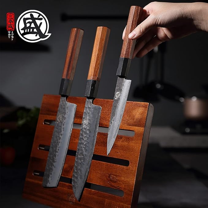 MITSUMOTO SAKARI Double Sided Magnetic Knife Block - 12.5" Acacia Wood Holder for Countertop, Heavy Duty Magnets Stands Holds Chef Knives, Sleek & Secure Storage