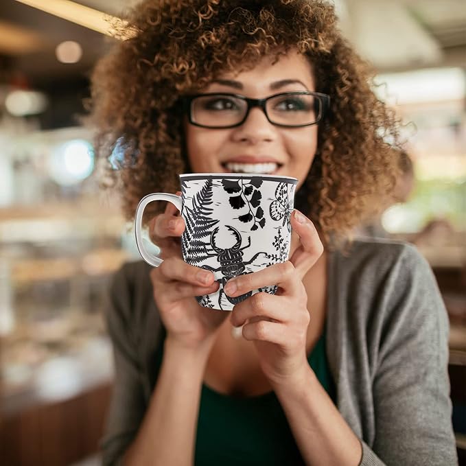 Karma Gifts 14 oz Black and White Boho Mug Beetle - Cute Coffee and Tea Mug - Ceramic Coffee Mugs for Women and Men