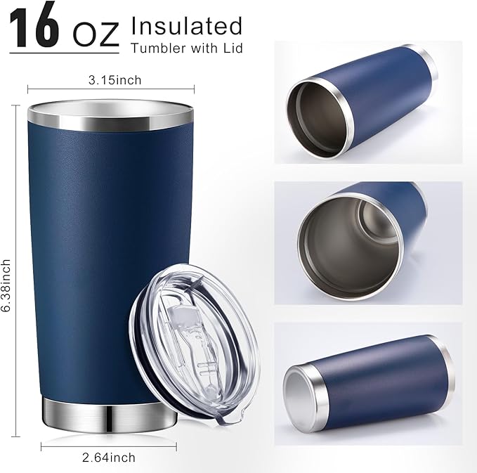Sieral 36 Pack Stainless Steel Tumblers Bulk with Lids Double Wall Vacuum Insulated Coffee Cups Blank leakproof Powder Coated Tumblers for Engraving Wedding Graduation Party Favors(16 oz,Navy Blue)