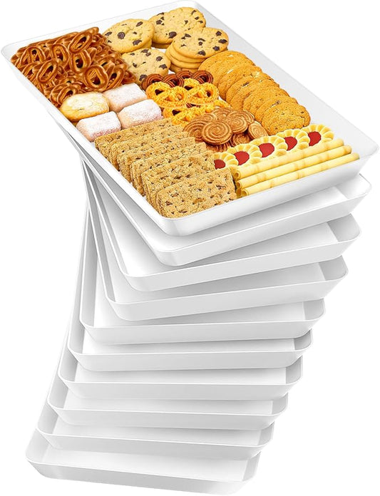 10-Pack Serving Tray Set, Reusable Plastic Serving Platter for Party Supplies, Entertaining, Grilling Accessories, Stackable Kitchen Snack Box Container for Dessert, Fruit, Cookie, (White)