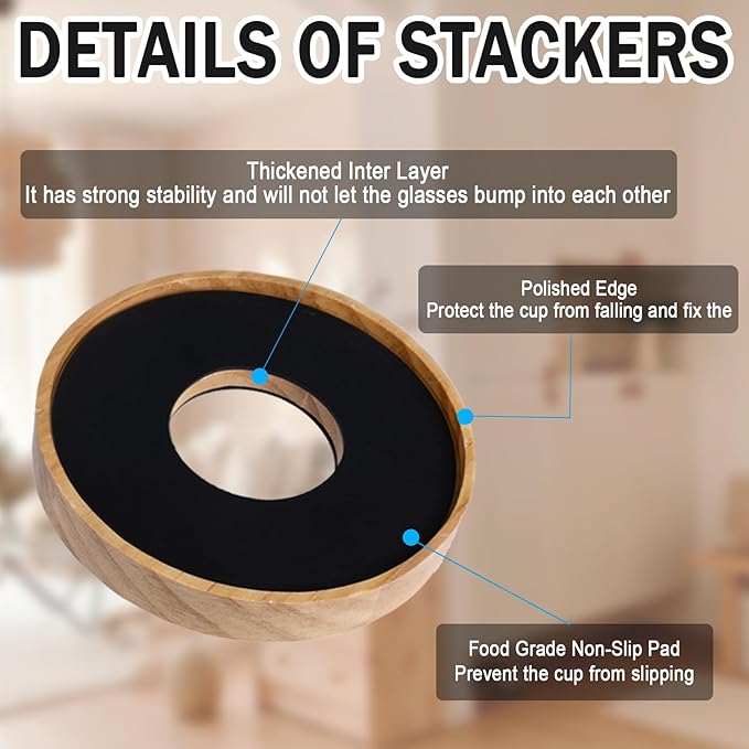 6 Pack Wooden Coffee Mug Stackers, Mug Organizer for Kitchen Cabinet,Equipped with Food Grade Non-Slip Pad,Only for Mugs with a Calibre ≤3.93 inches,Save Cupboard 50% Space